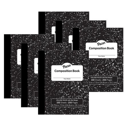 PACON Composition Book, Black Marble, 9/32in. Ruled w/ Margin, 100 Sheets Per Book, 6PK MMK37106